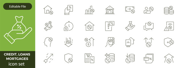 Credit, Loans and Mortgages web icons in outline style. Credit card, deposit, car leasing, rate interest, calculator, income, rating, collection. Editable stroke outline icon.