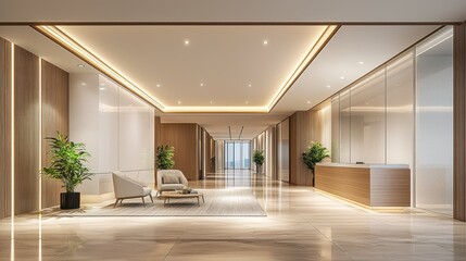 Fototapeta premium Modern office lobby with neutral tones, natural light, and sleek design