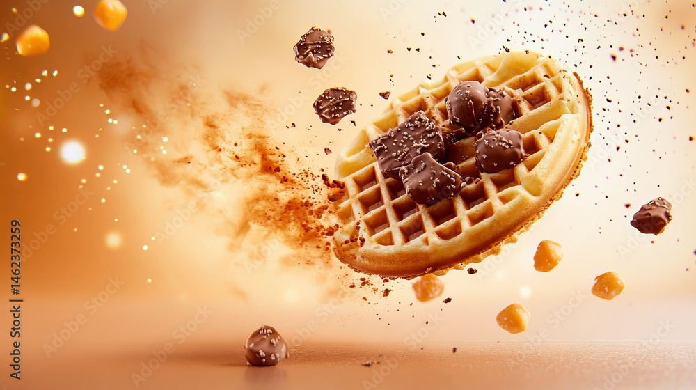 Poster waffle floats with chocolate pieces and candy against an orange background with a cloud of cocoa pow