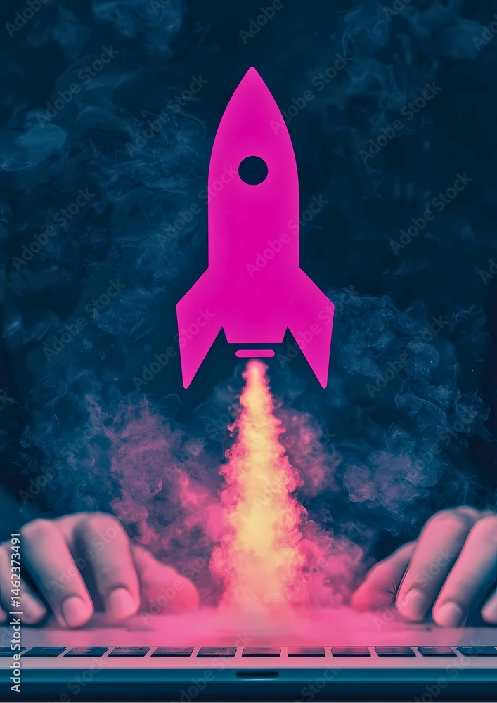 Poster a rocket launching with a keyboard as the base