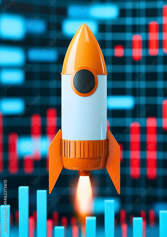 Poster a rocket taking off with a backdrop of financial data charts