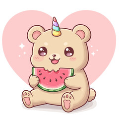 Cute Unicorn Bear Eating Watermelon Slice with Heart Background