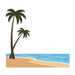 Two Palm Trees on Sandy Beach by Blue Ocean Shore Illustration