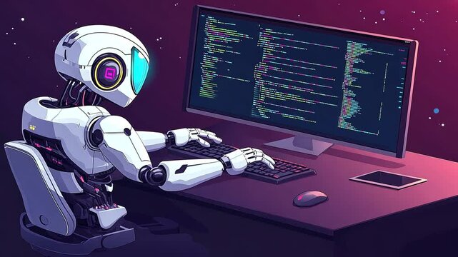 A futuristic robot coding at a computer in a vibrant outer space setting, showcasing technology