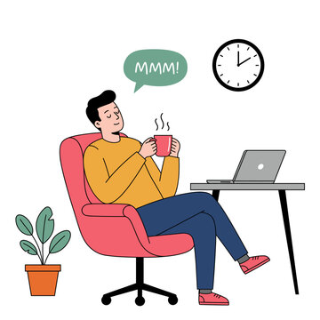 Man Relaxing in Chair with Coffee, Laptop, and Clock Nearby