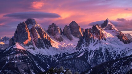 Dolomites Peaks Bathed in Alpenglow, Snow-Dusted Slopes Under a