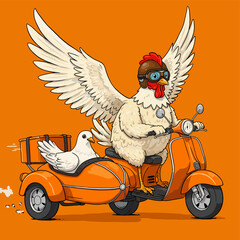 Chicken in Aviator Helmet Riding Scooter with Bird in Sidecar © johndaly
