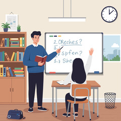 Male Teacher and Student with Raised Hand in Classroom with Whiteboard