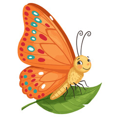 Cute Orange Butterfly with Spots Smiling on Green Leaf