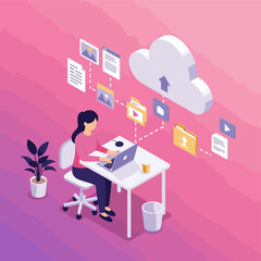 Woman at Desk Uploading Files to Cloud Storage - Isometric