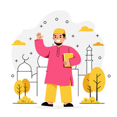 Muslim Man in Traditional Attire Waving with Mosque Background