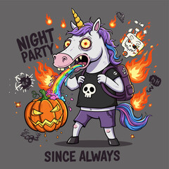"Night Party" Unicorn Vomiting Rainbow with Jack-o'-lantern