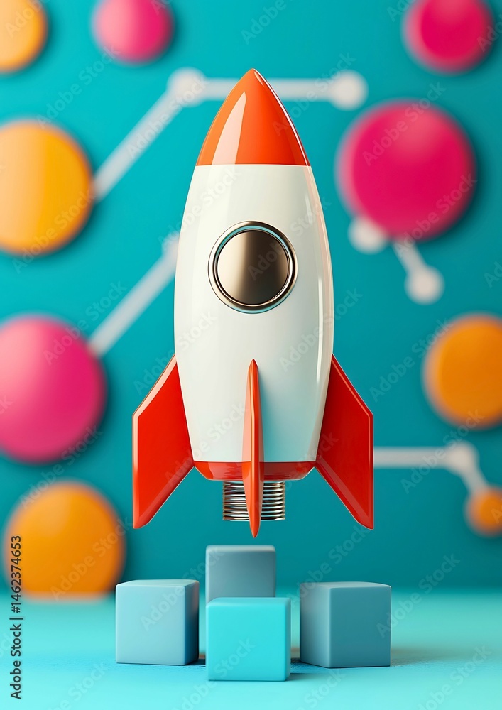 Poster a rocket standing on a stack of cubes, against an abstract background. the rocket is ready to launch