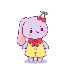 Cute Kawaii Purple Bunny with Red Bow Tie and Cherries on Head