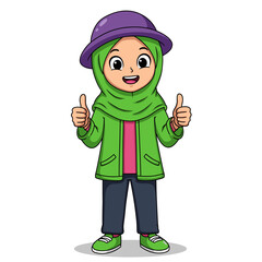Muslim Girl in Green Hijab and Purple Hat Giving Thumbs Up