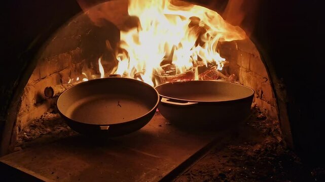 Cast iron cookware undergoes a transformative process in the heat of a traditional wood oven