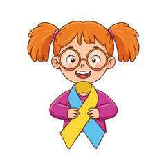 Girl with Glasses Holding Blue and Yellow Awareness Ribbon