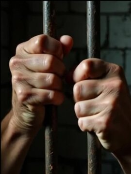 M&atilde;os angustiadas em close up atraz das grades de uma cadeia.