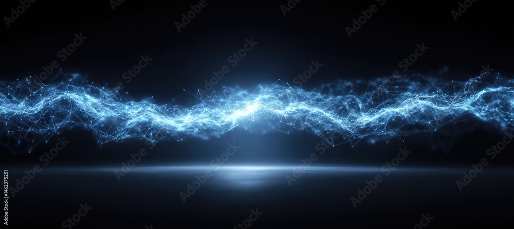 Poster electric blue current flowing horizontally across dark background with luminous specks and wisps cre