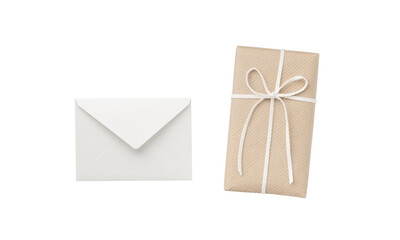 A beige gift box with a white ribbon placed next to a closed white envelope