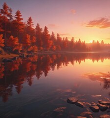 Serene sunset paints the calm lake with fiery hues ,  sky,  still