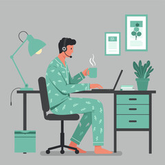Man in Pajamas Working Remotely at Desk with Laptop and Headset