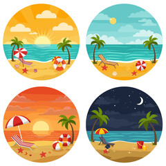 Obraz premium Four Beach Scenes Icons - Sunrise, Daytime, Sunset, and Night