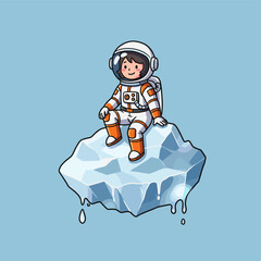 Cute Cartoon Astronaut Sitting on Melting Iceberg in Spacesuit