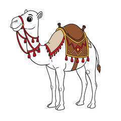 Camel with Decorative Saddle and Bridle - Line Art Coloring Page