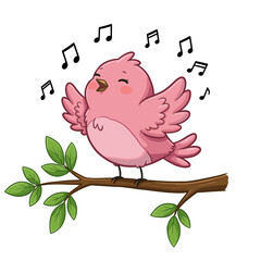 Cute Pink Bird Singing Happily on Branch with Musical Notes