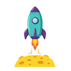 Cartoon Rocket Ship Launching from Moon Surface Illustration