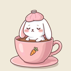 Sick or Sad White Bunny with Ice Pack in Pink Teacup