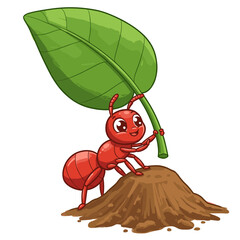 Cute Cartoon Red Ant Carrying Large Green Leaf to Anthill
