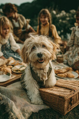 Chien mignon en gros plan lors d&rsquo;un pique-nique ensoleill&eacute;, regard curieux et ambiance familiale estivale