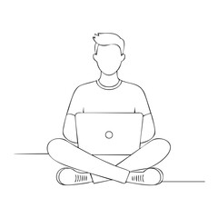 Smiling Bearded Man Working on Laptop