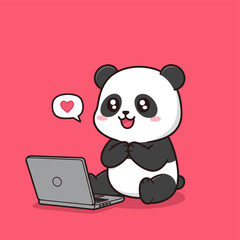 Cute Panda Character Using Laptop with Heart Icon