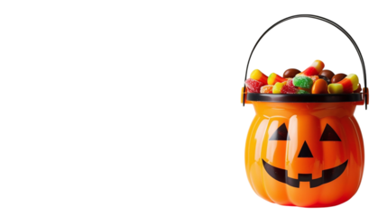 Halloween pumpkin shaped bucket filled with various sweets on transparent background PNG