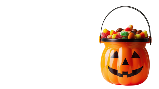 Halloween pumpkin shaped bucket filled with various sweets on transparent background PNG