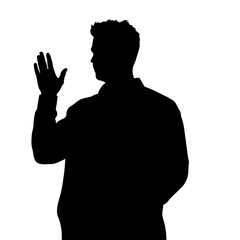 Silhouette of Man Raising Hand Gesture, Black and White, Communication Symbol