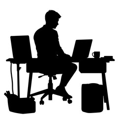 Silhouette of Person Working on Laptop at Desk, Black and White, Productivity Concept