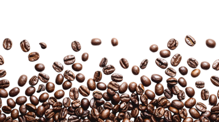 Roasted coffee beans are scattered on a transparent background — ideal for coffee brands and beverage advertising