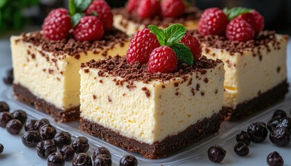 Delicious cheesecake squares topped with fresh raspberries and mint leaves. Use for recipes, restaurant menus, or blog posts about desserts.