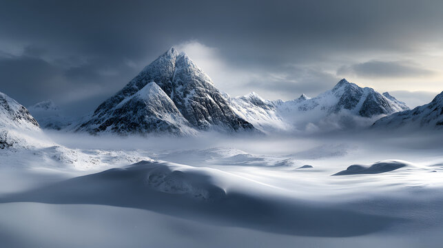 A majestic winter scene with snow-covered mountain peaks standing tall over a vast, frozen expanse of white, the soft light of early morning casting long shadows on the snow.
