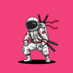 Astronaut in Spacesuit with Samurai Swords Illustration