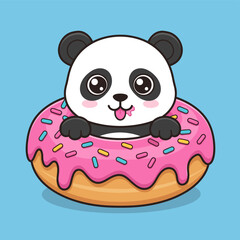 Cute Panda Bear Peeking Out of Pink Frosted Donut