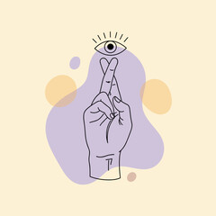 Hand with Crossed Fingers and Eye Symbol of Luck or Wish