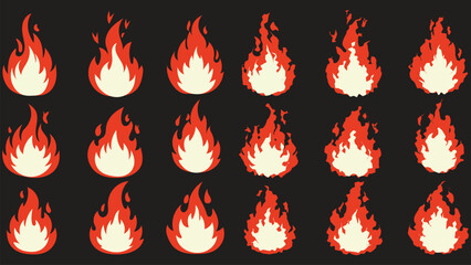 Cartoon Fire Flame Icon Set  Flat and Textured Burning Flames Animation Frames Collection, Fire flame icon. Crayon vector icon. Hot fire on white background