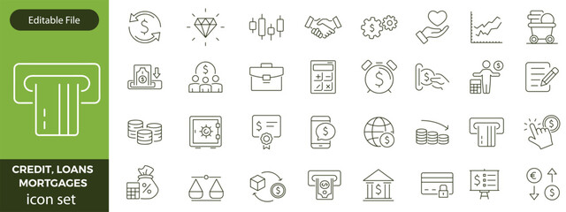 Credit, Loans and Mortgages web icons in outline style. Credit card, deposit, car leasing, rate interest, calculator, income, rating, collection. Editable stroke outline icon.