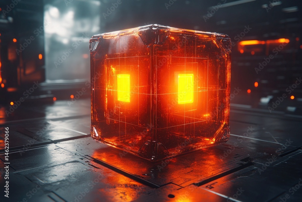 Aufkleber glowing cube with geometric inner lights stands on a textured metallic surface. great for illustrati