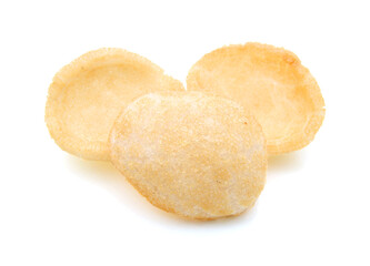 Fresh crunchy prawn crackers on white background 